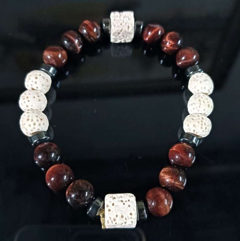 Red Jasper and White Lava Stone Beaded Bracelet