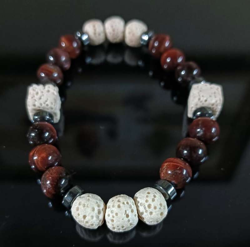 Red Jasper and White Lava Stone Beaded Bracelet