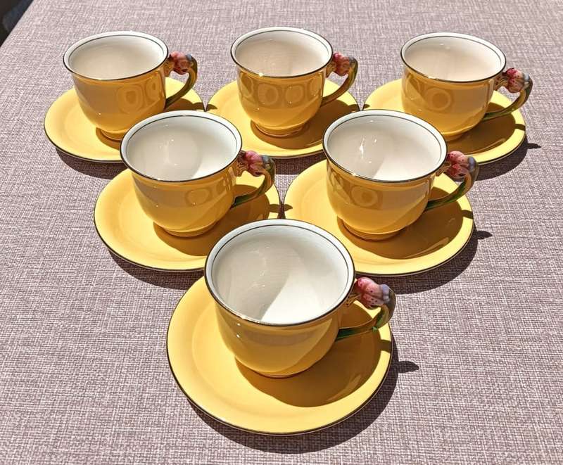 SIX (6) GRIMWADES ROYAL WINTON YELLOW ROSEBUD PATTERN DUOS ART DECO HAND PAINTED 1930S (PRE WAR)