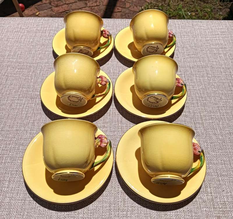 SIX (6) GRIMWADES ROYAL WINTON YELLOW ROSEBUD PATTERN DUOS ART DECO HAND PAINTED 1930S (PRE WAR)