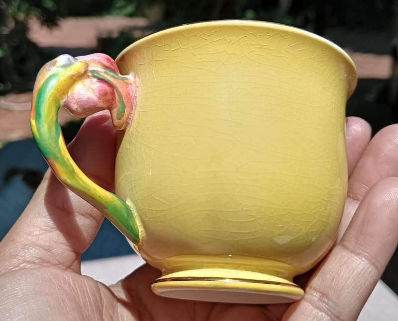 SIX (6) GRIMWADES ROYAL WINTON YELLOW ROSEBUD PATTERN DUOS ART DECO HAND PAINTED 1930S (PRE WAR)