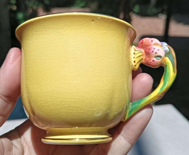 SIX (6) GRIMWADES ROYAL WINTON YELLOW ROSEBUD PATTERN DUOS ART DECO HAND PAINTED 1930S (PRE WAR)