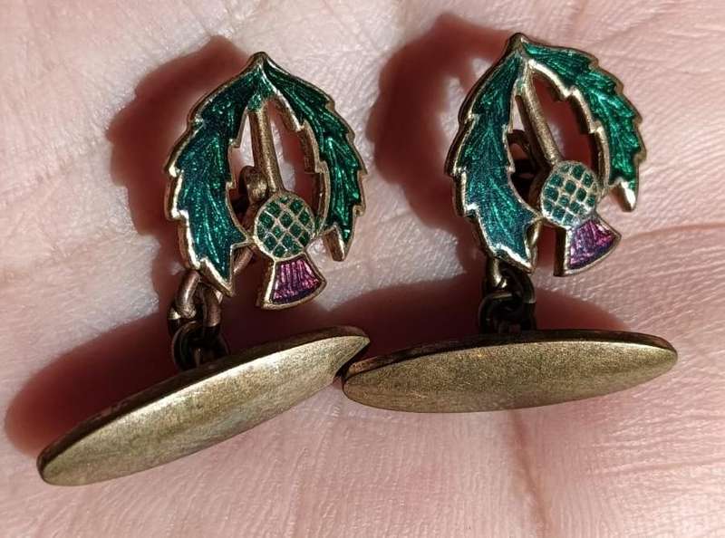 Pair of 1940s Scottish Thistle Enamelled Cuff Links