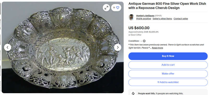 Antique German Half Moon and Crown 800 Silver Sweet Dish with Young Boys Central Relief Panel 32g