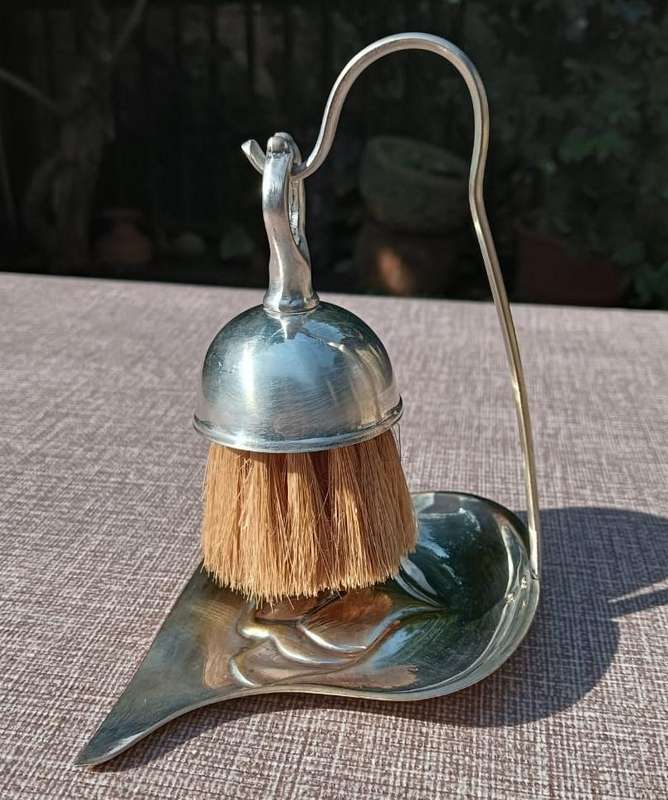 Silverplated Dining Table Crumber (Silent Butler) Brush and Pan Sweeping Set circa early 1900s Rarel