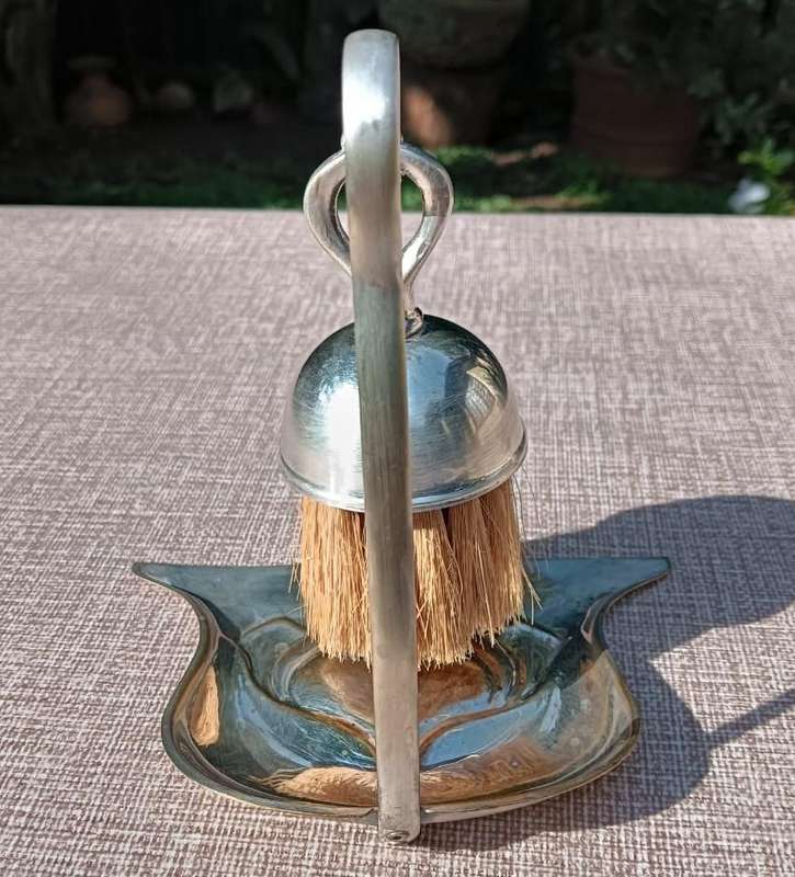 Silverplated Dining Table Crumber (Silent Butler) Brush and Pan Sweeping Set circa early 1900s Rarel