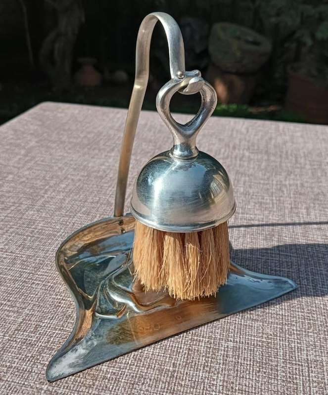 Silverplated Dining Table Crumber (Silent Butler) Brush and Pan Sweeping Set circa early 1900s Rarel