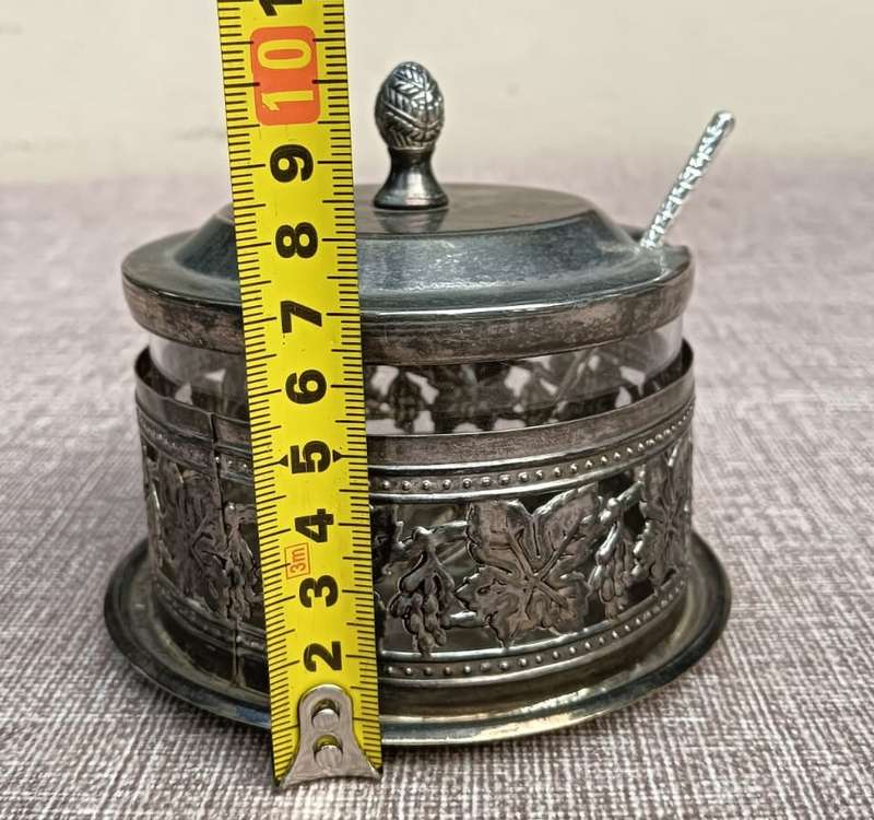 Silver Metal Leaf Embossed Sugar Bowl With Glass Inner and Spoon
