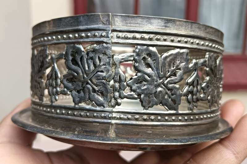 Silver Metal Leaf Embossed Sugar Bowl With Glass Inner and Spoon