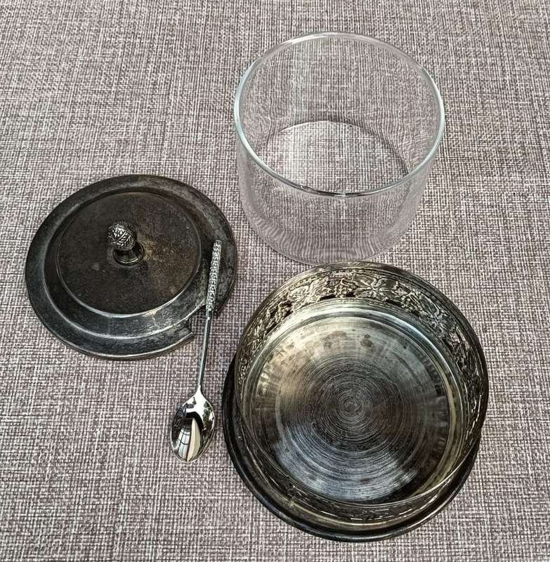 Silver Metal Leaf Embossed Sugar Bowl With Glass Inner and Spoon