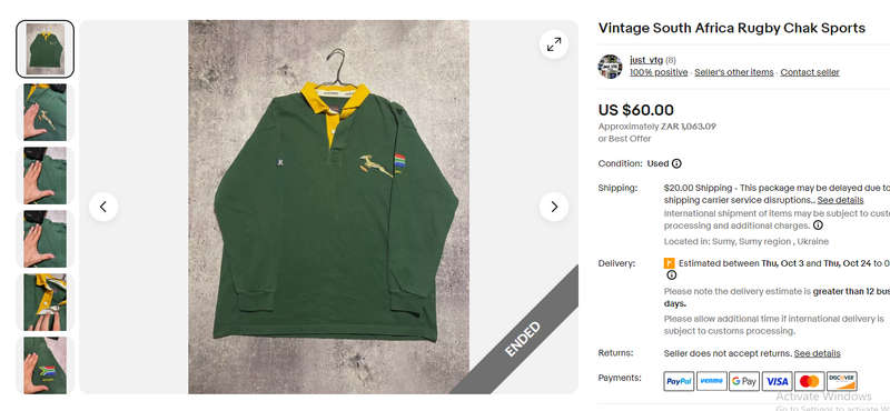 VINTAGE 1990S SOUTH AFRICA RUGBY SPRINGBOKS "CHAK SPORTS" SUPPORTERS JERSEY SIZE L