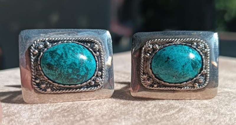 Vintage Navajo USA Oval Kingman Turquoise Silver Metal Cufflinks 9.3g
