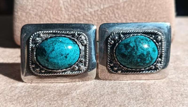 Vintage Navajo USA Oval Kingman Turquoise Silver Metal Cufflinks 9.3g