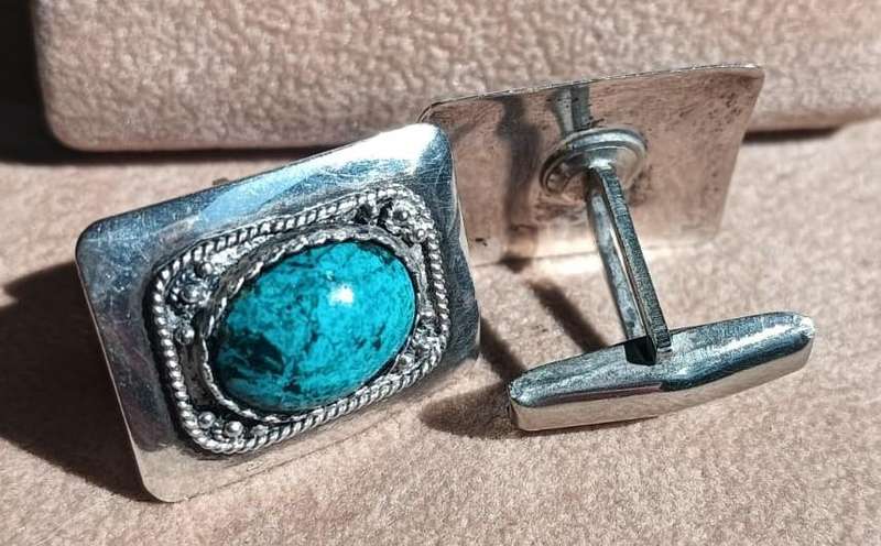 Vintage Navajo USA Oval Kingman Turquoise Silver Metal Cufflinks 9.3g