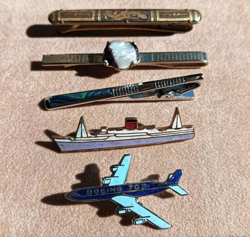Three Elegant Mens Tie Bars Plus a Boeing 707 and Ocean Liner Enamelled Pin Badges
