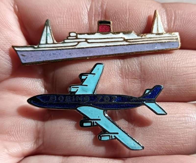 Three Elegant Mens Tie Bars Plus a Boeing 707 and Ocean Liner Enamelled Pin Badges