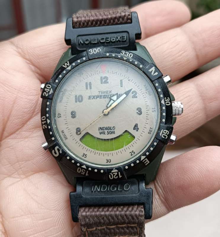 Vintage 1990s Timex T48601 Expedition Indiglo Ana-Digi Quartz Mens Watch with White Dials