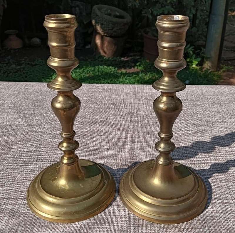 Pair of Vintage Solid Brass Taper Georgian Style Candlesticks 22cm High 364g Each