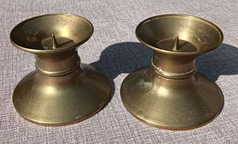Pair of Vintage Solid Brass Pillar Church Style Candlesticks 8cm High 321g Each