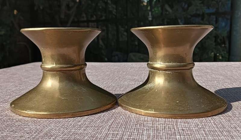 Pair of Vintage Solid Brass Pillar Church Style Candlesticks 8cm High 321g Each