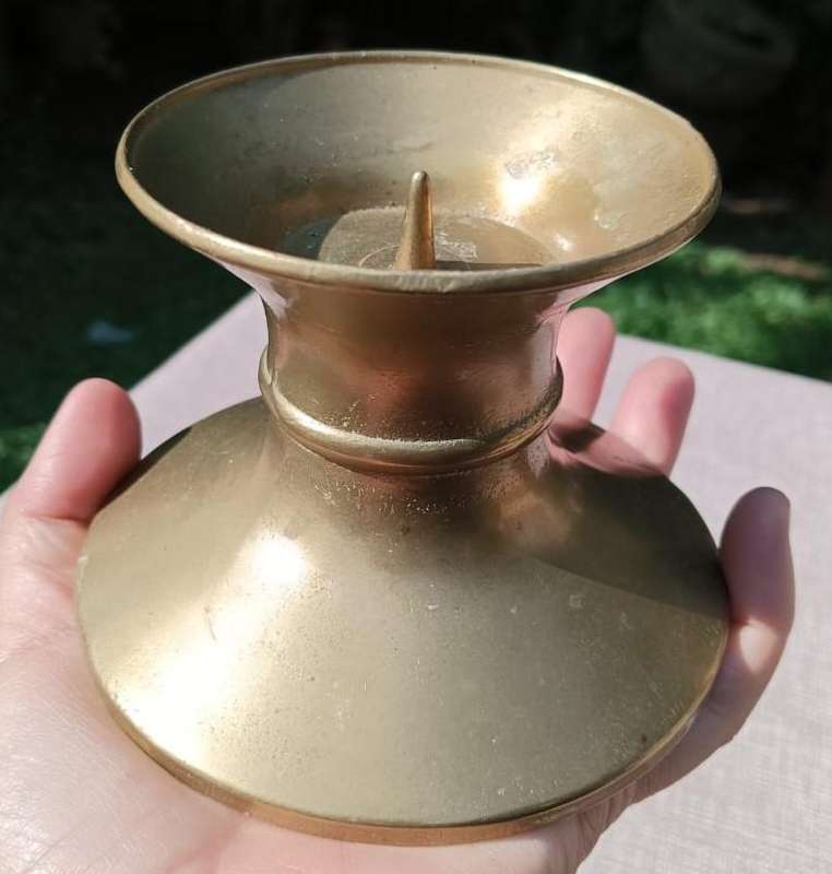 Pair of Vintage Solid Brass Pillar Church Style Candlesticks 8cm High 321g Each