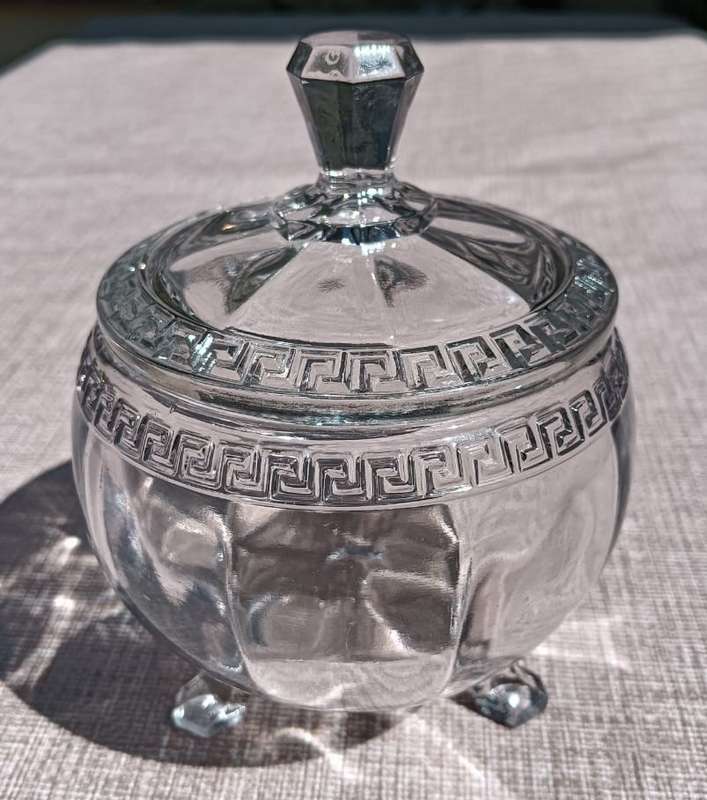 United US Glass Company (1891-1962) Sheraton Powdered Sugar Bowl with Roman Greek Key Design