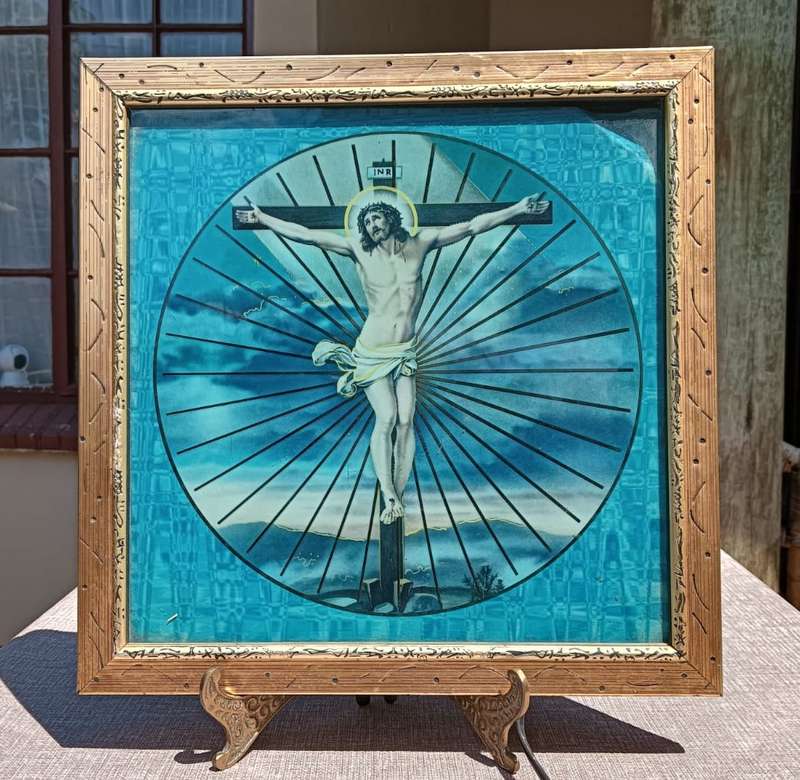 Vintage 1980s Framed Jesus Crucifixion Neon Lamp Lights Up