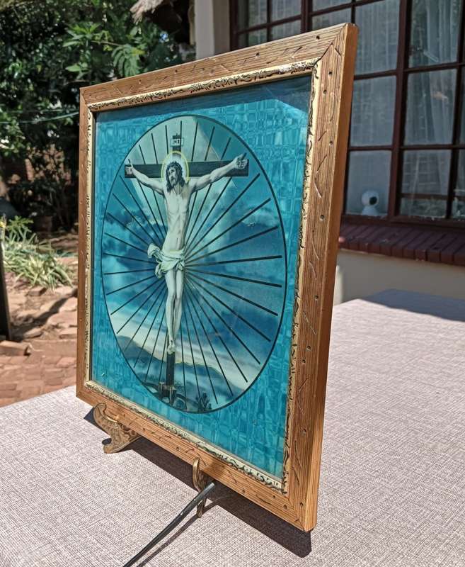 Vintage 1980s Framed Jesus Crucifixion Neon Lamp Lights Up