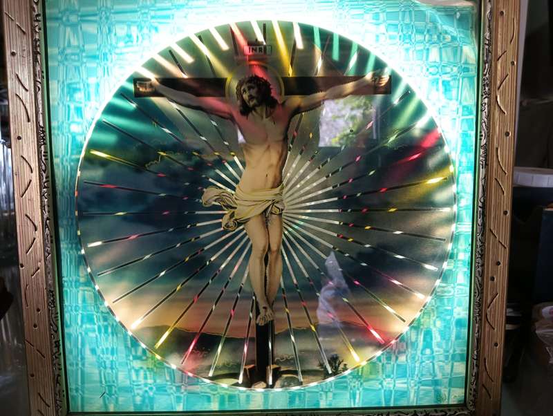 Vintage 1980s Framed Jesus Crucifixion Neon Lamp Lights Up