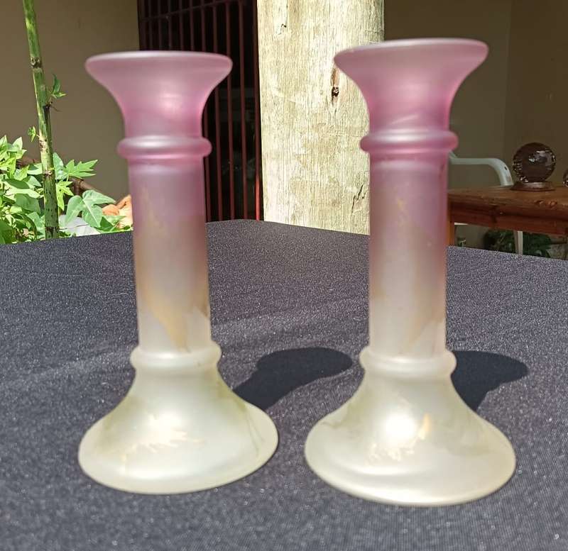 Pair of Kosta Boda Swedish Art Glass Candle Holders with an Acid Etched Design