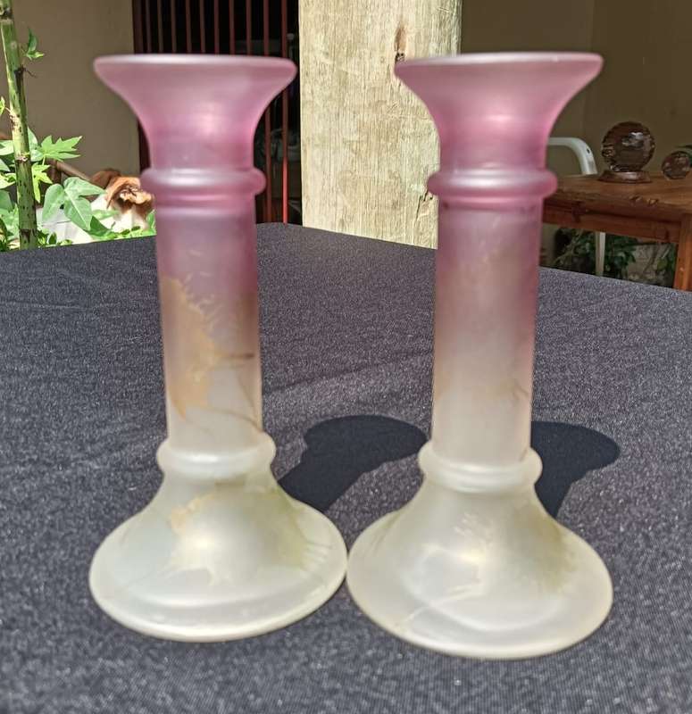 Pair of Kosta Boda Swedish Art Glass Candle Holders with an Acid Etched Design