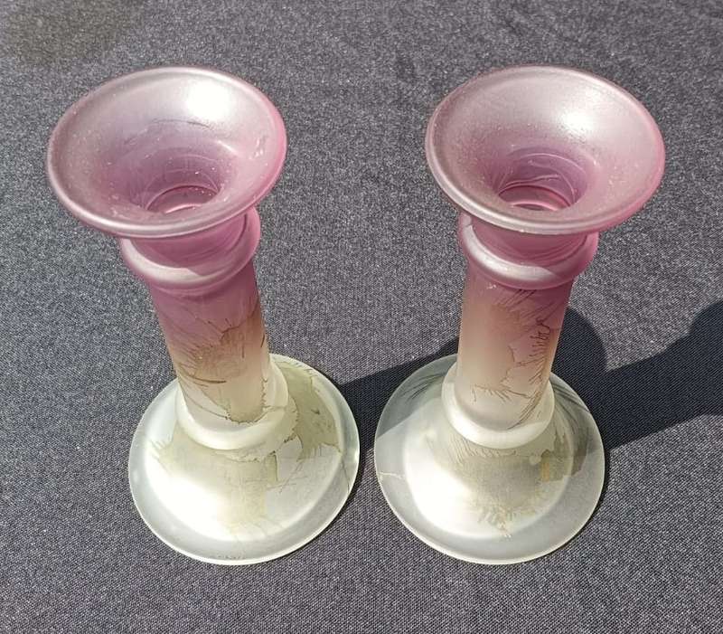 Pair of Kosta Boda Swedish Art Glass Candle Holders with an Acid Etched Design
