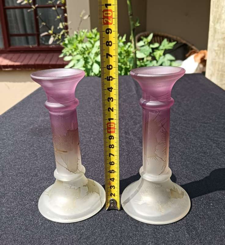 Pair of Kosta Boda Swedish Art Glass Candle Holders with an Acid Etched Design