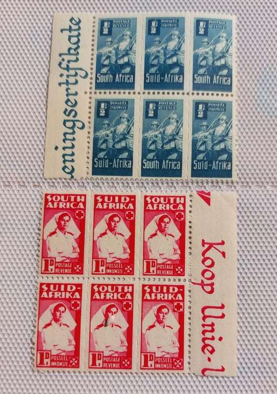 Union of SA WW2 War Effort 6 Unused Hinged Bantam Strips Blocks SG97 (1/2d) and SG 98 (1d)
