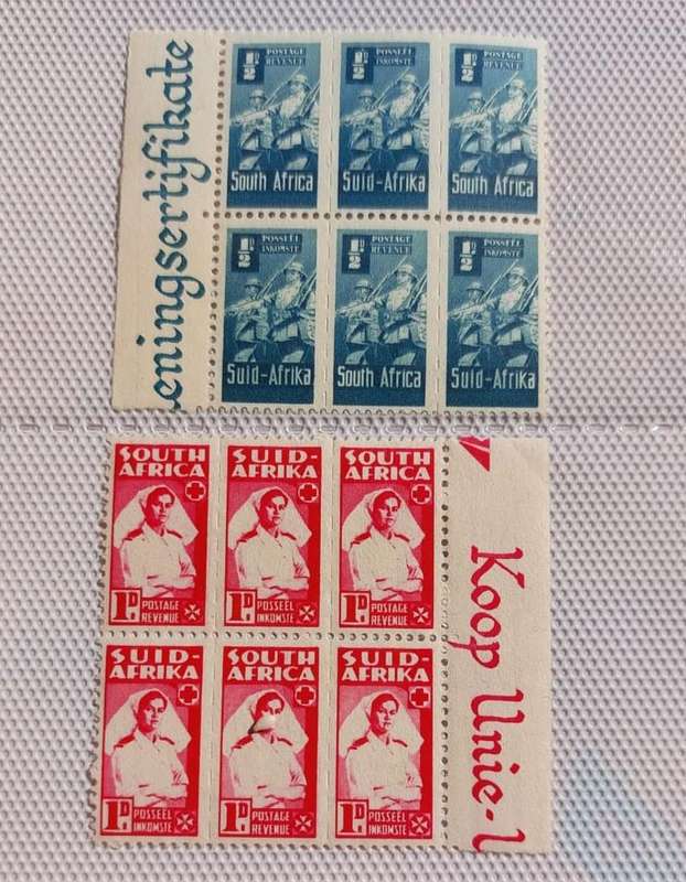 Union of SA WW2 War Effort 6 Unused Hinged Bantam Strips Blocks SG97 (1/2d) and SG 98 (1d)