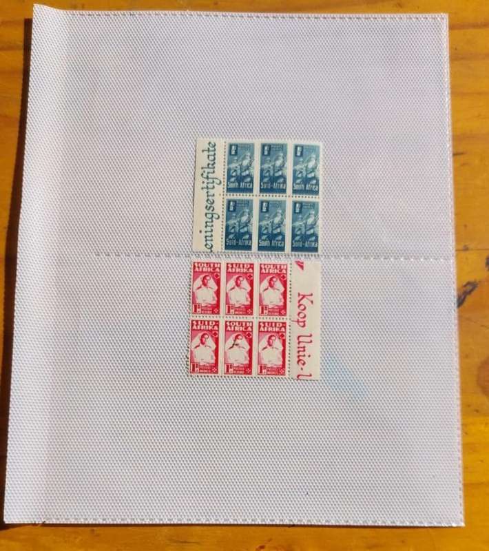 Union of SA WW2 War Effort 6 Unused Hinged Bantam Strips Blocks SG97 (1/2d) and SG 98 (1d)