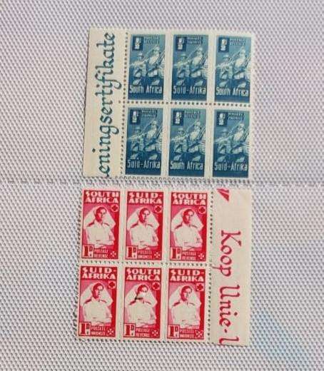 Union of SA WW2 War Effort 6 Unused Hinged Bantam Strips Blocks SG97 (1/2d) and SG 98 (1d)