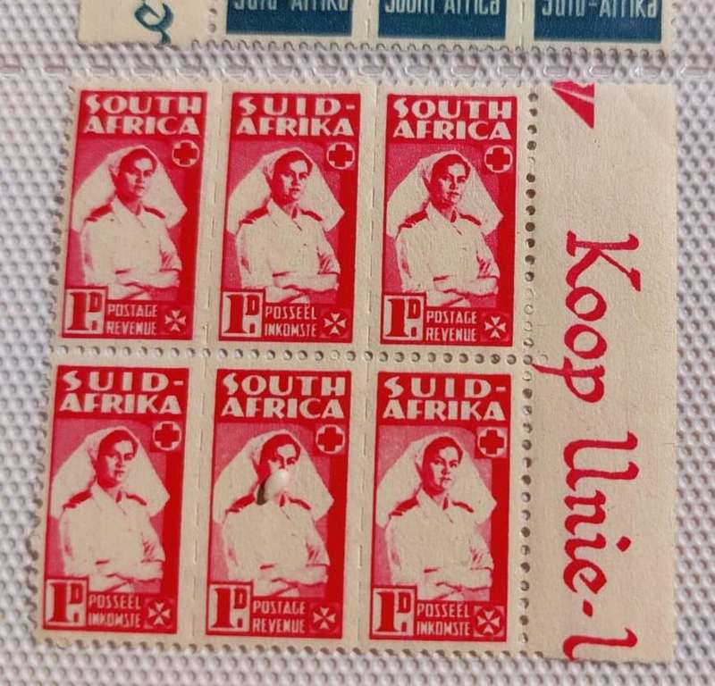 Union of SA WW2 War Effort 6 Unused Hinged Bantam Strips Blocks SG97 (1/2d) and SG 98 (1d)
