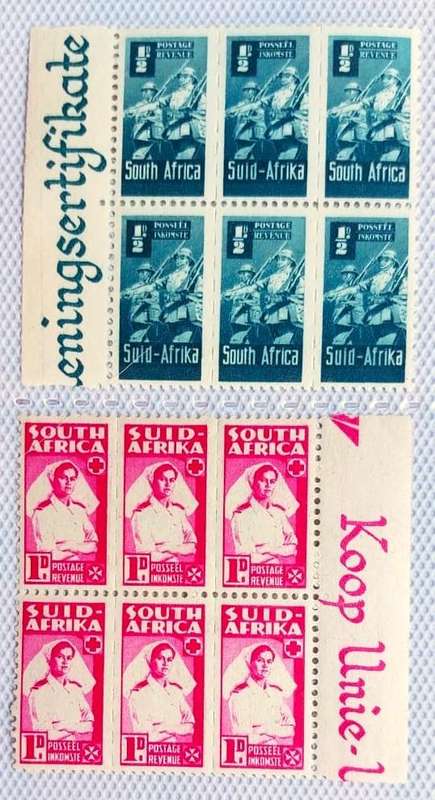 Union of SA WW2 War Effort 6 Unused Hinged Bantam Strips Blocks SG97 (1/2d) and SG 98 (1d)
