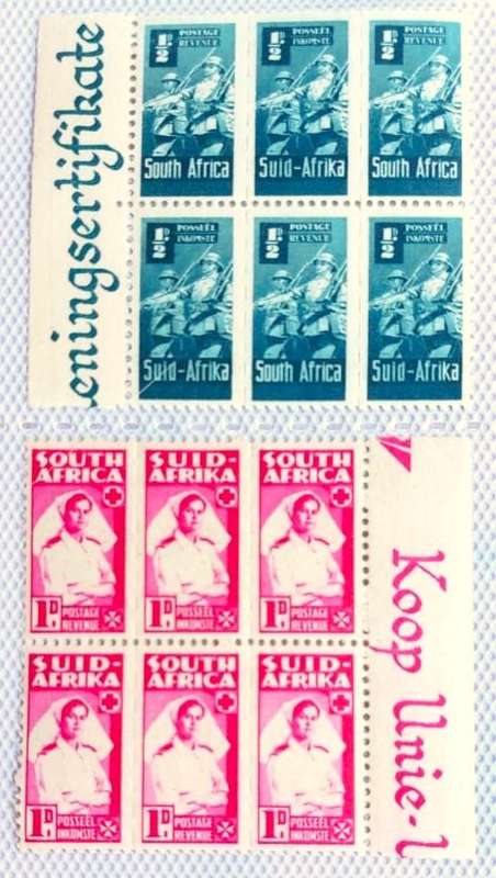 Union of SA WW2 War Effort 6 Unused Hinged Bantam Strips Blocks SG97 (1/2d) and SG 98 (1d)