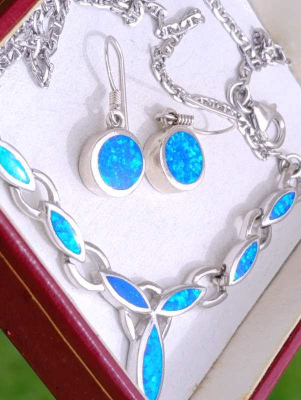 Designer Blue Opal Sterling Necklace Set