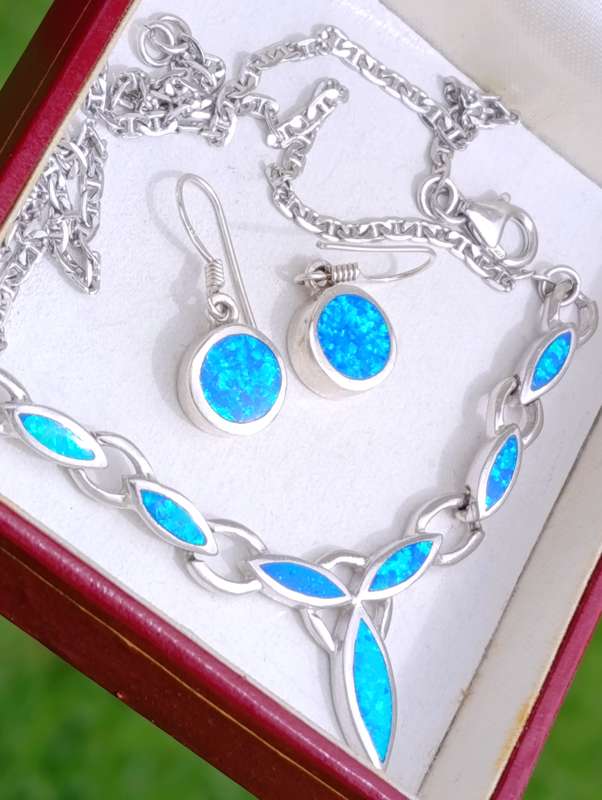 Designer Blue Opal Sterling Necklace Set