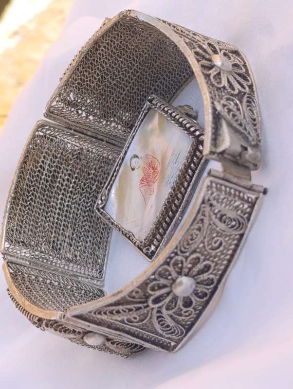 Antique Chinese Export Silver Hand Painted Geisha Bracelet & Brooch