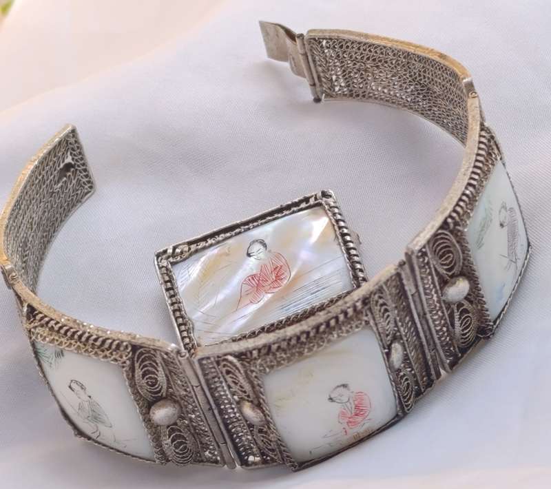 Antique Chinese Export Silver Hand Painted Geisha Bracelet & Brooch