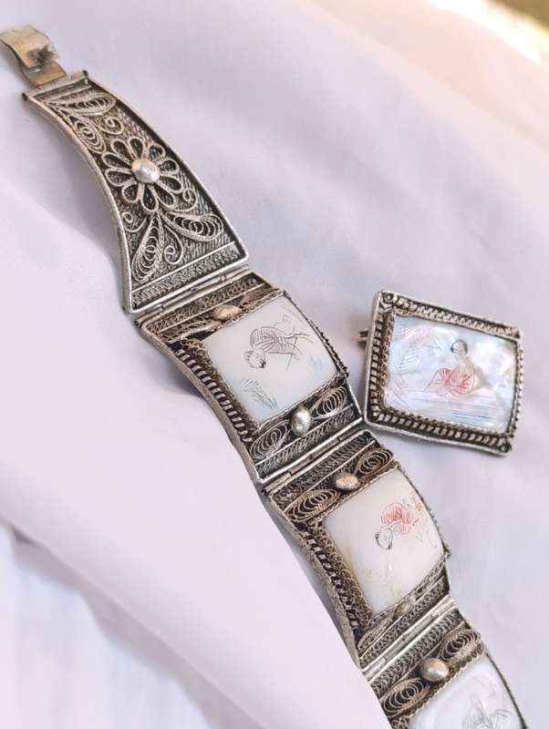Antique Chinese Export Silver Hand Painted Geisha Bracelet & Brooch