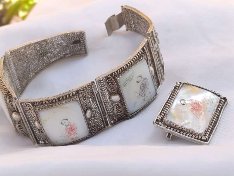 Antique Chinese Export Silver Hand Painted Geisha Bracelet & Brooch