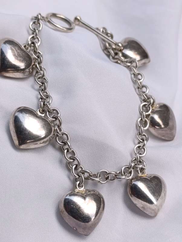 Sterling Vintage Puffed Heart Charm Bracelet