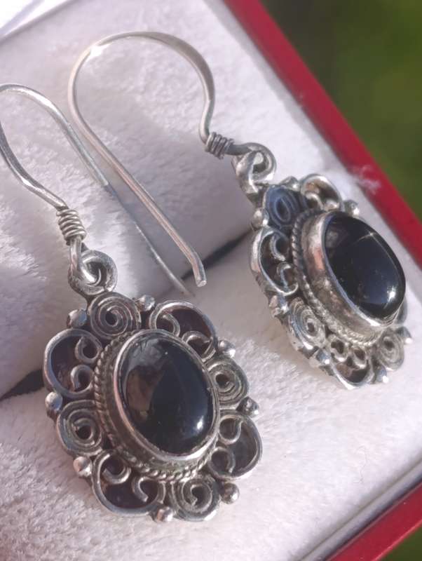 Onyx Sterling Vintage Drop Earrings