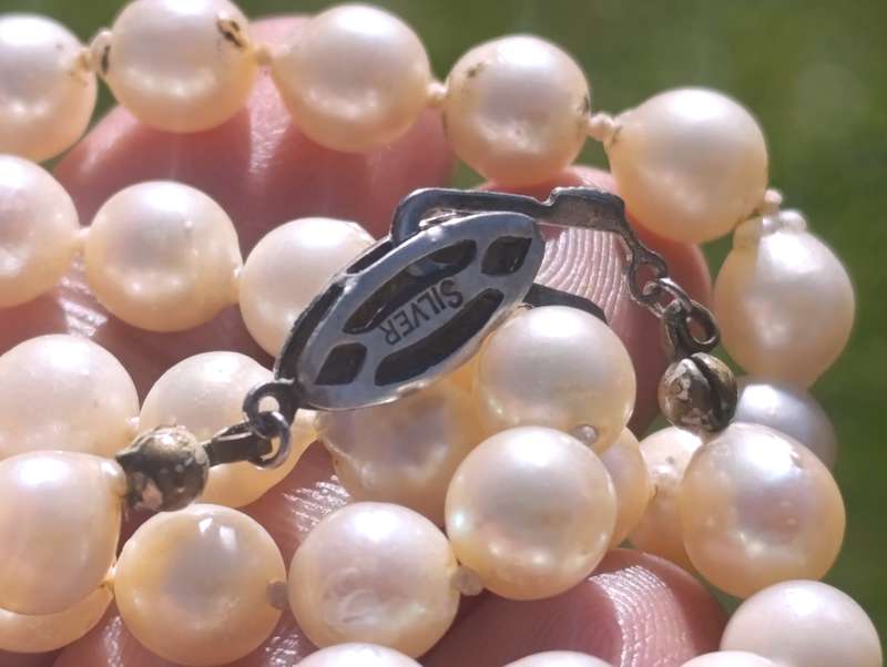 Sterling Cutwork Clasp Pearl Necklace