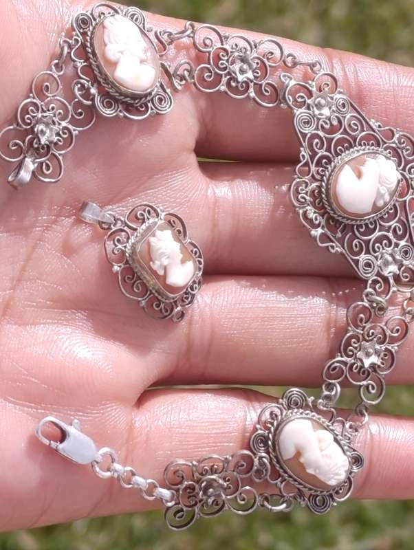 Genuine 800 Silver Cameo Bracelet Set